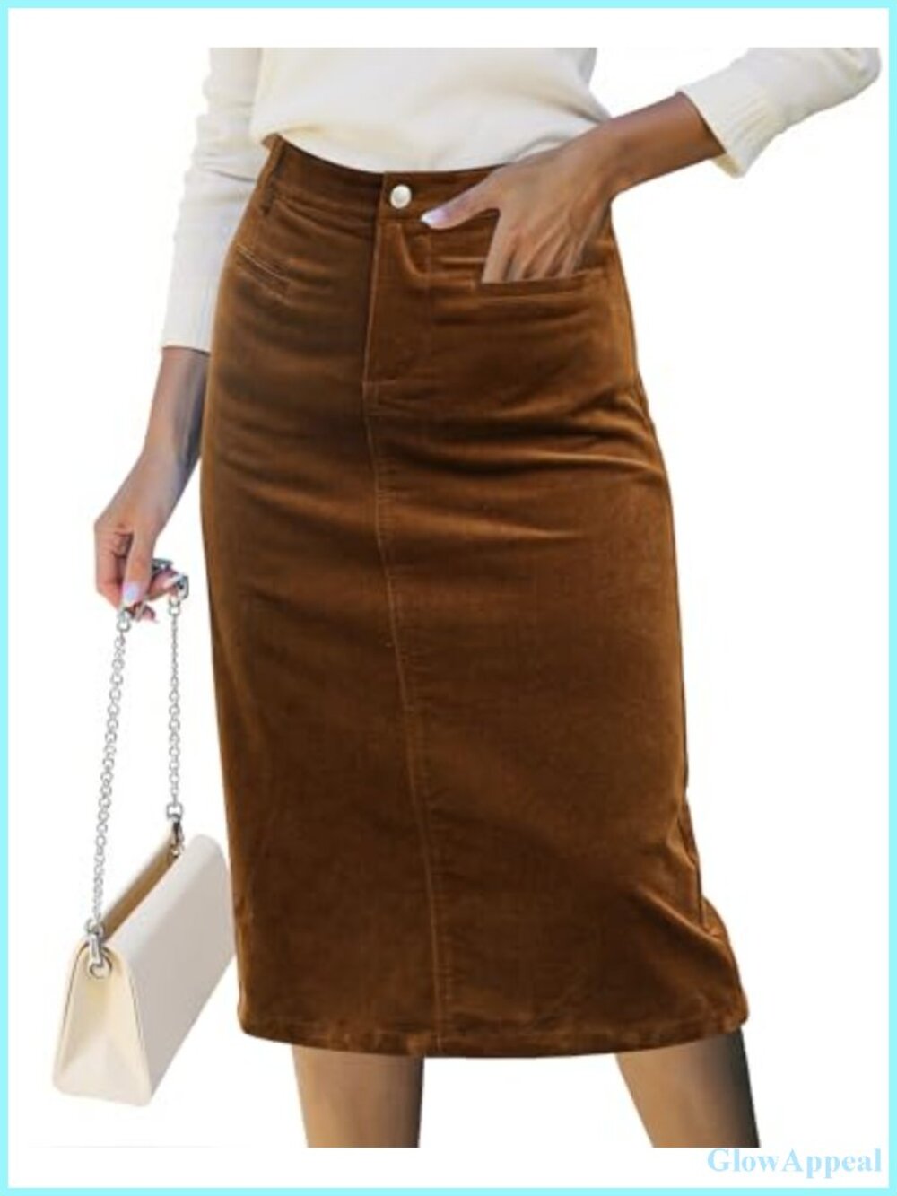 Corduroy Midi Skirt High Waisted Elastic Waist Pencil Work